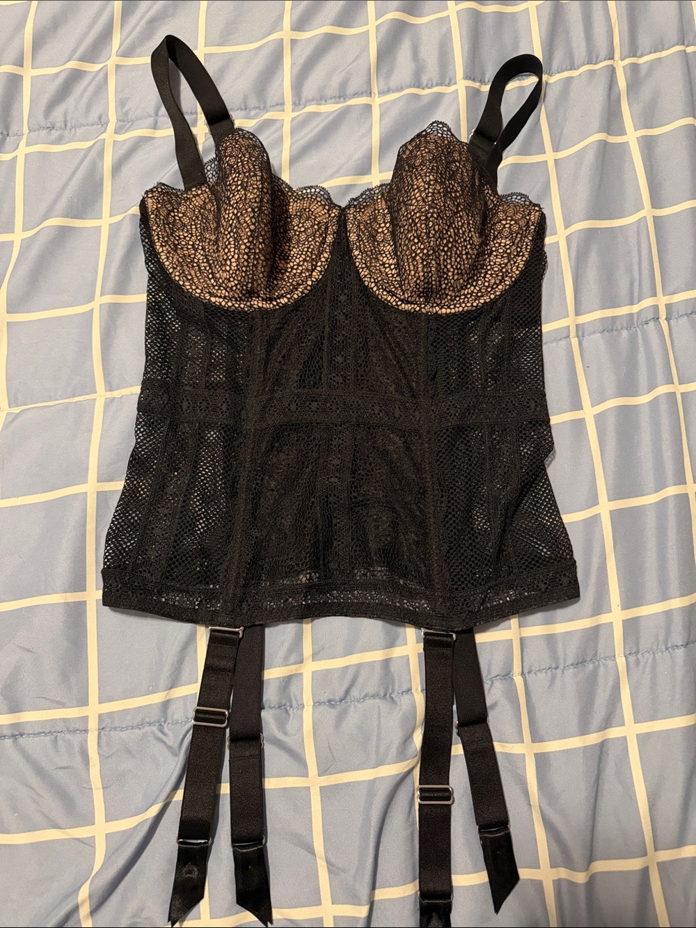 Victoria's Secret Black Mesh Lace Bustier with Garter Details